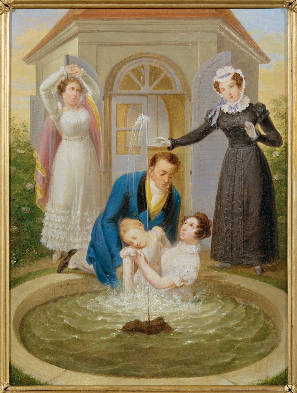 Záchrana dítěte spadlého do zahradního jezírka - Dítě bylo zachráněno před utonutím v zahradním jezírku ... od Sigmund Ferdinand Ritter von Perger