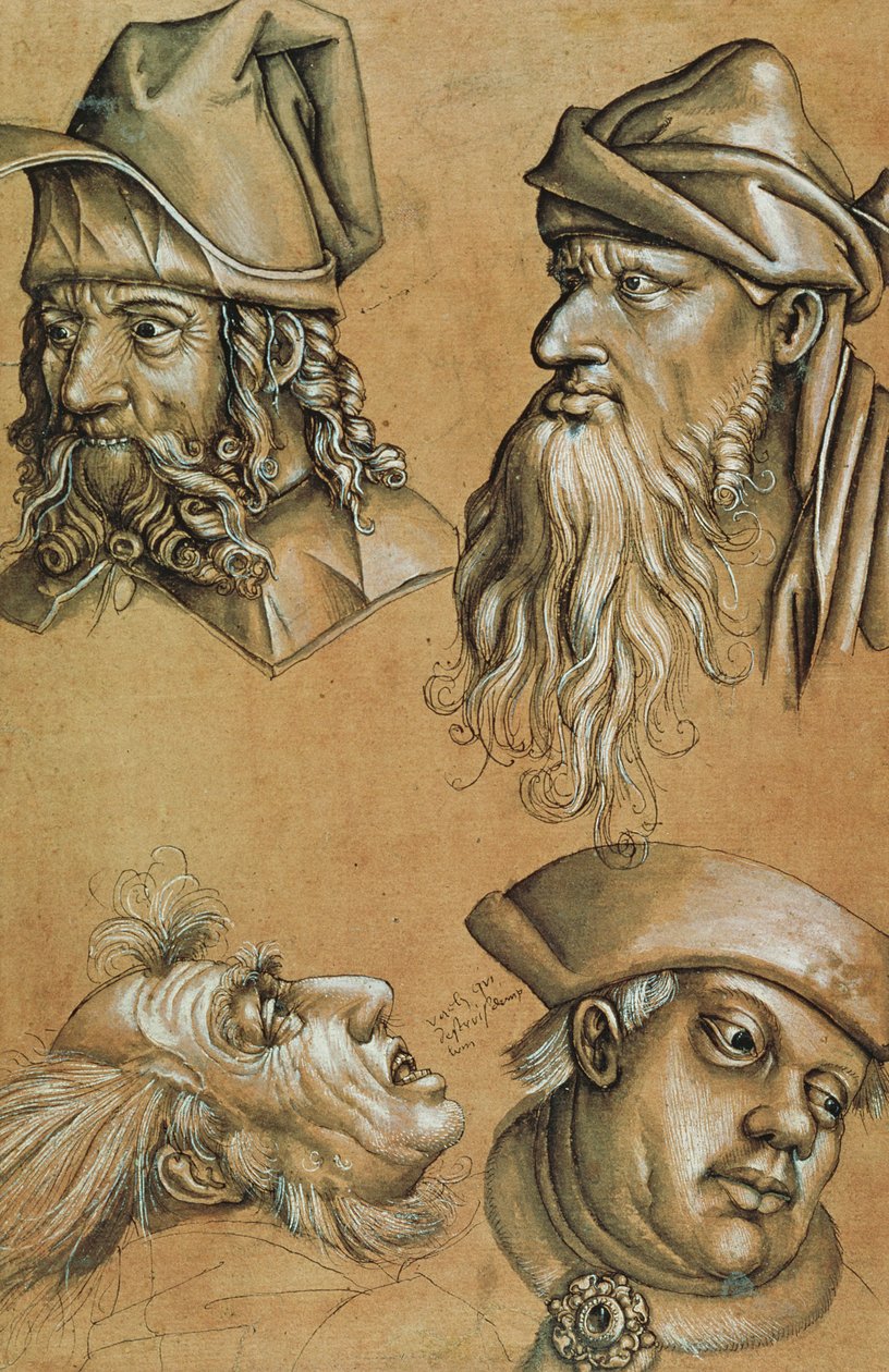 Studie čtyř hlav pro sérii Passion (pero a inkoust, mytí a tělová barva na papíře) od Sigmund Holbein