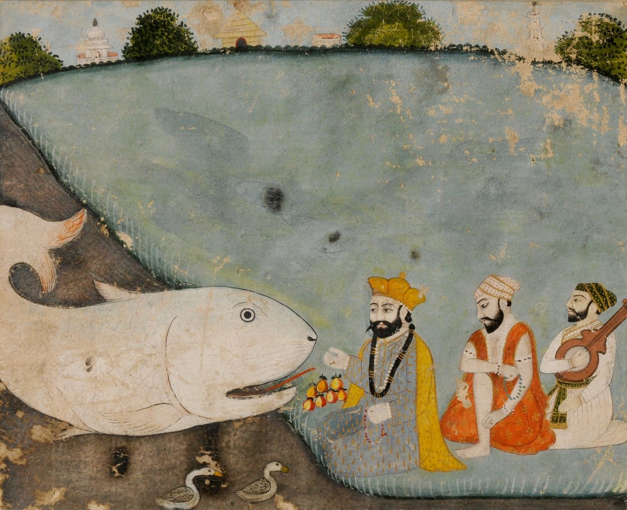 Guru Nanak s Bala, Mardanou a velkou rybou (Vishnu in Matsyavatara) od Sikh School