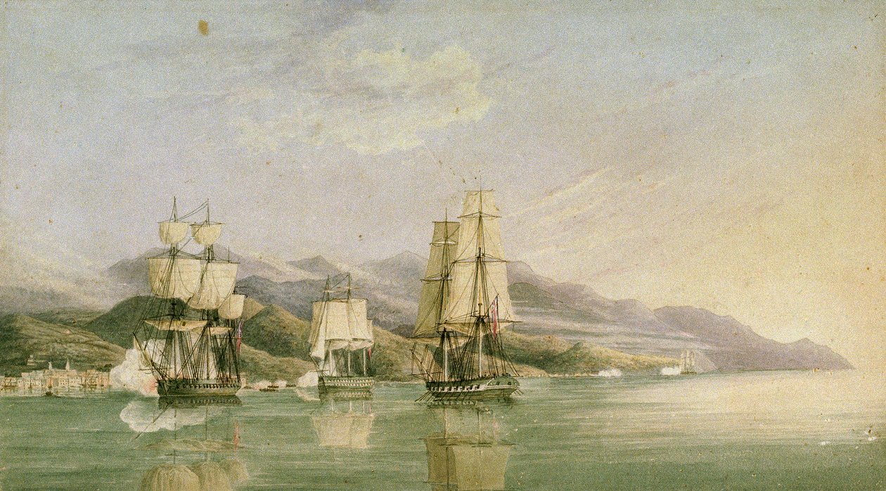 Útok na konvoj osmnácti francouzských obchodních lodí v Laigrelii a Alassiu, 27. června 1812, počátek 19. století (pero, tuš, grafit, akvarel) od Silas Thomson (attr.to) Hood