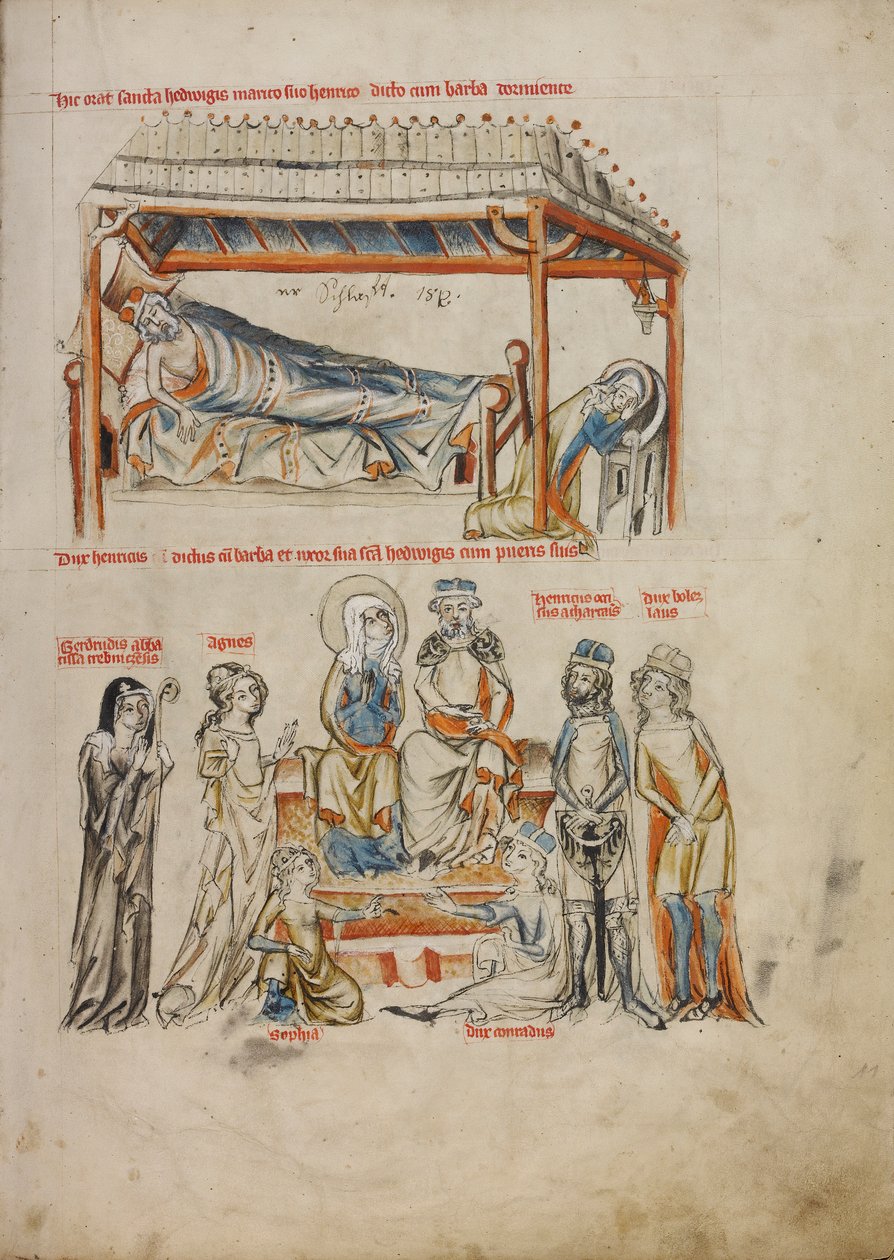 Heinrich Spící a Svatá Hedvika se modlí; Heinrich a Svatá Hedvika se svými dětmi, 1353 (barvy tempery, barevné lazury a inkoust na pergamenu) od Silesian School Silesian School