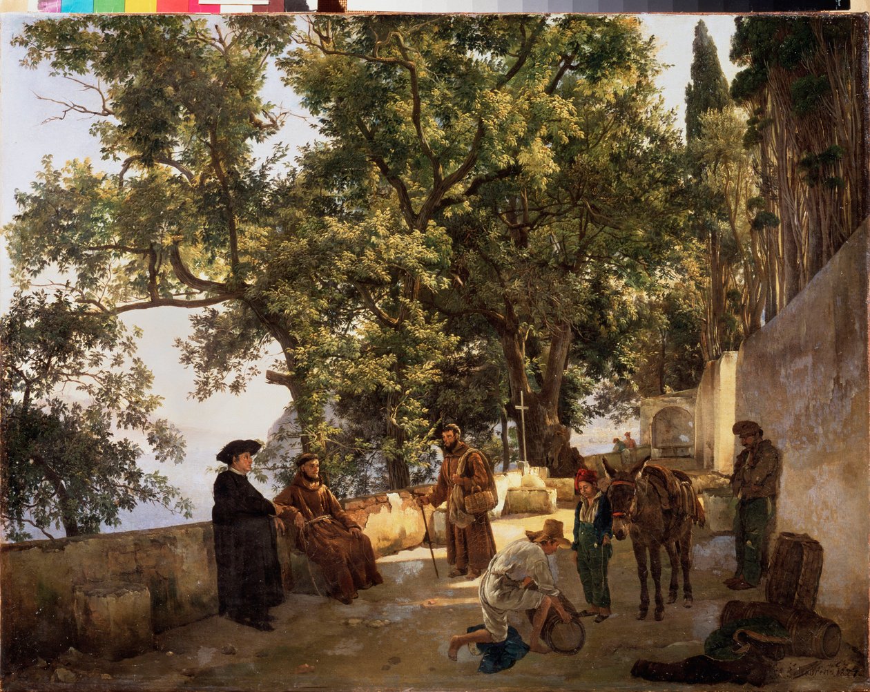 Terasa na břehu poblíž Sorrenta (Sorrento, Itálie) (rozhovor kapucínských mnichů a muž nakládající svého osla malými sudy) - Terasa na mořském pobřeží, Cappuccini u Sorrenta - Obraz Sylvestra Feodosijeviče Ščedrina (Sylv od Silvestr Fedosievich Shchedrin