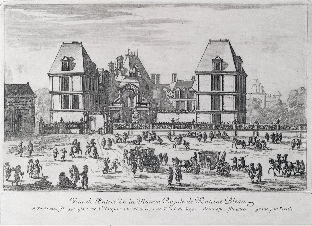Vchod do královského paláce Fontainebleau, vyrytý Nicolasem (1631-c.93) nebo Adamem (1638-95) Perelle, hospoda. od Nicholase Langloise od Silvestre