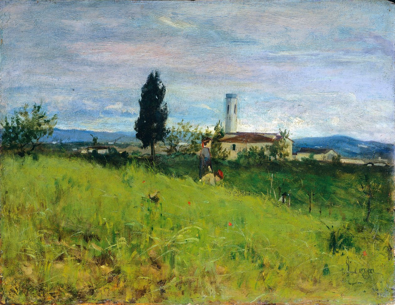 Kostel na venkově, Silvestro Lega (1826-1895), olej na panelu, 29x38 cm od Silvestro Lega