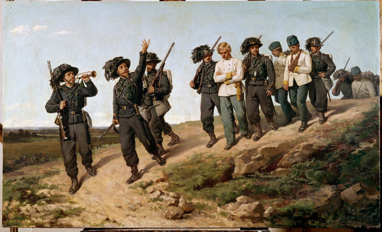 Epizoda italského tažení v roce 1859: „“Rakouští váleční zajatci obklopeni bersagliery (bersaglieri)““ Malba Silvestra Lega (1826-1895) 1861 Sun. 57,5 x 95 cm Florencie, Galleria d