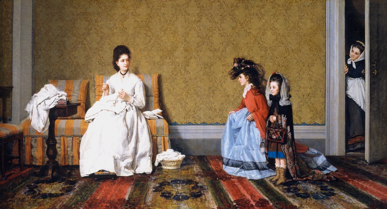 Dívky pečující o dámy, Silvestro Lega (1826-1895), olej na plátně, 59x111 cm od Silvestro Lega