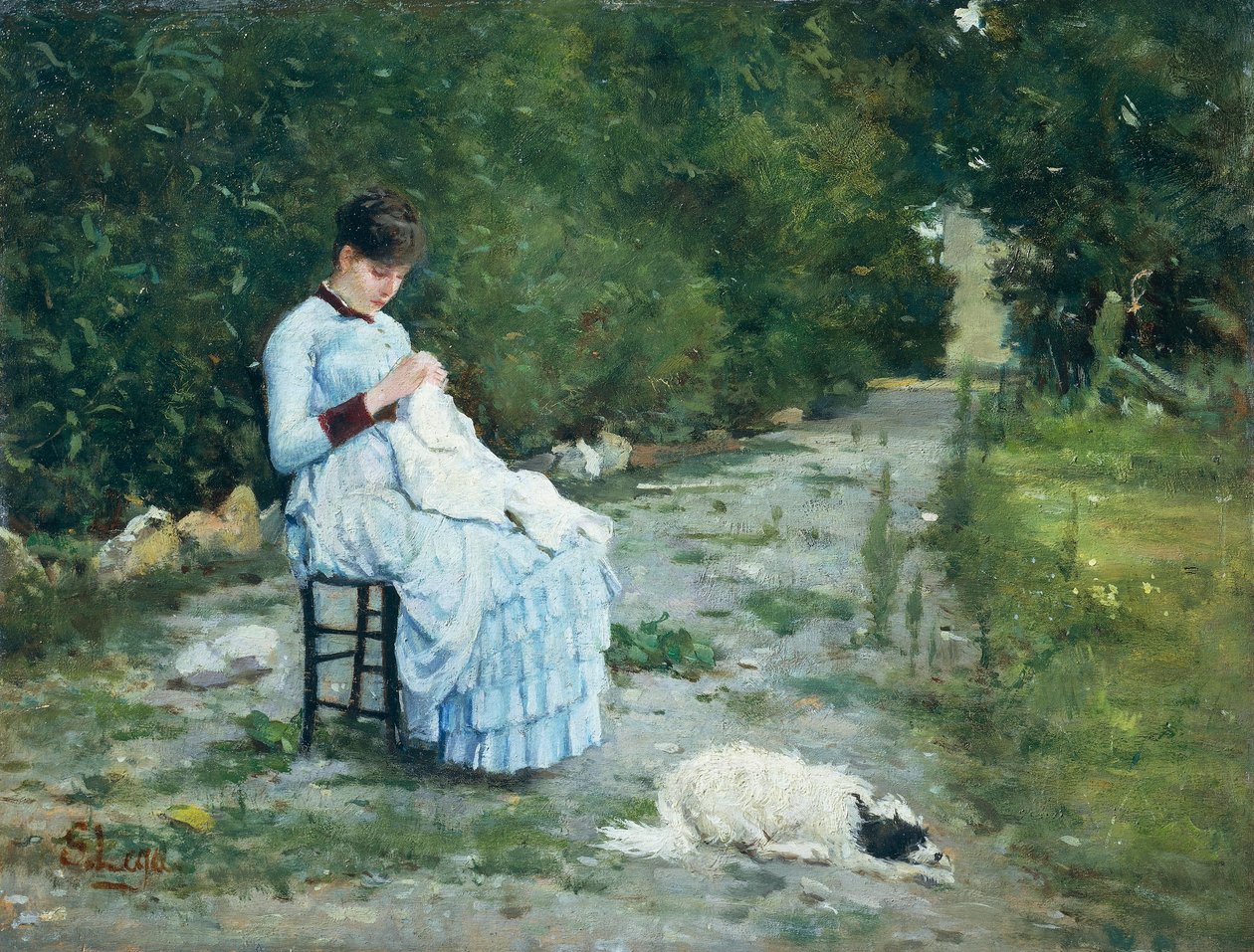 V zahradě, Silvestro Lega (1826-1895), olej na panelu, 29x38 cm od Silvestro Lega
