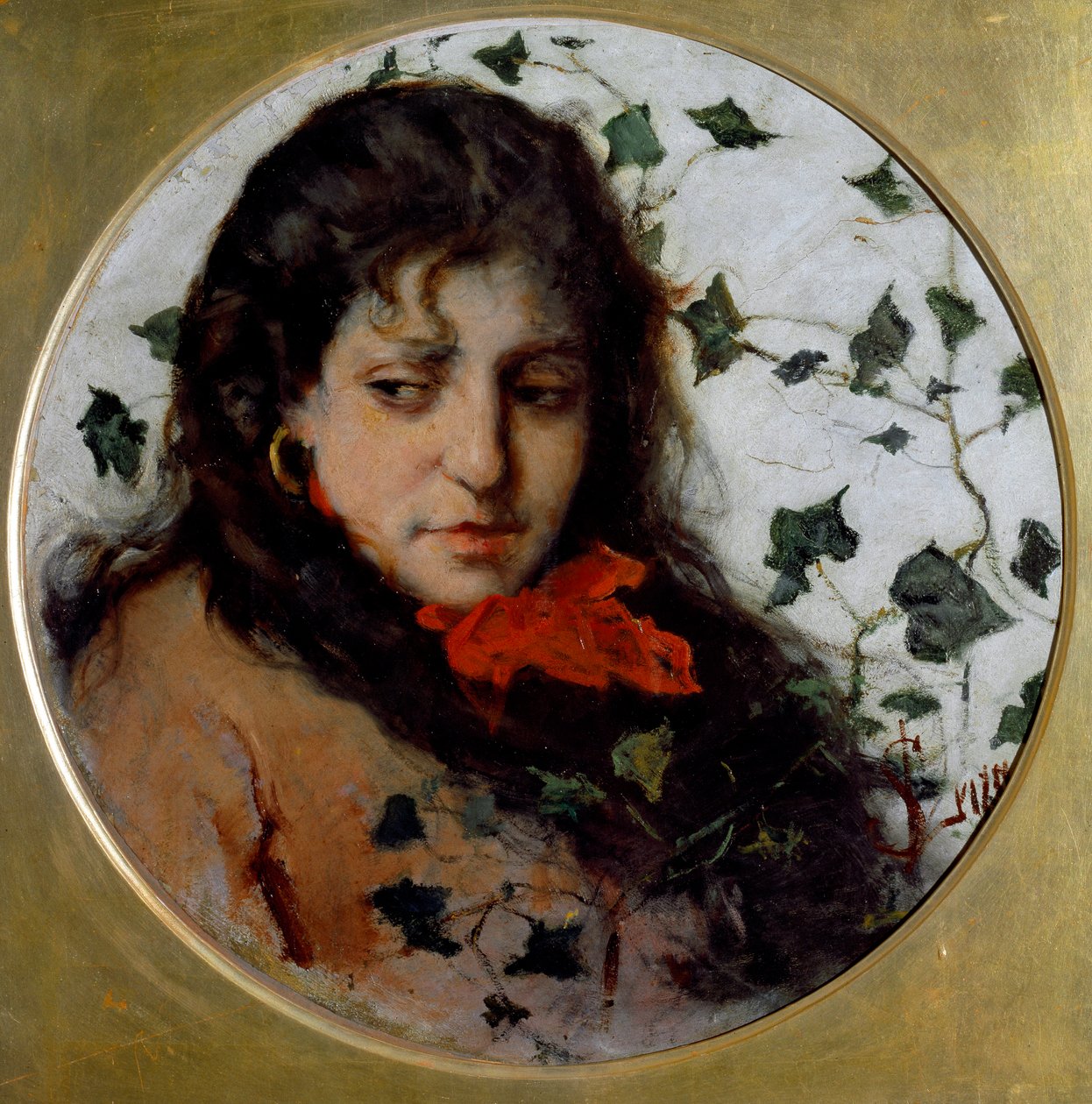Ivy (Edera) Portrét mladé ženy s melancholickým výrazem, obličej obklopený břečťanovými listy - (Ivy) Malba Silvestra Lega (1826-1895) Genes, Galleria d