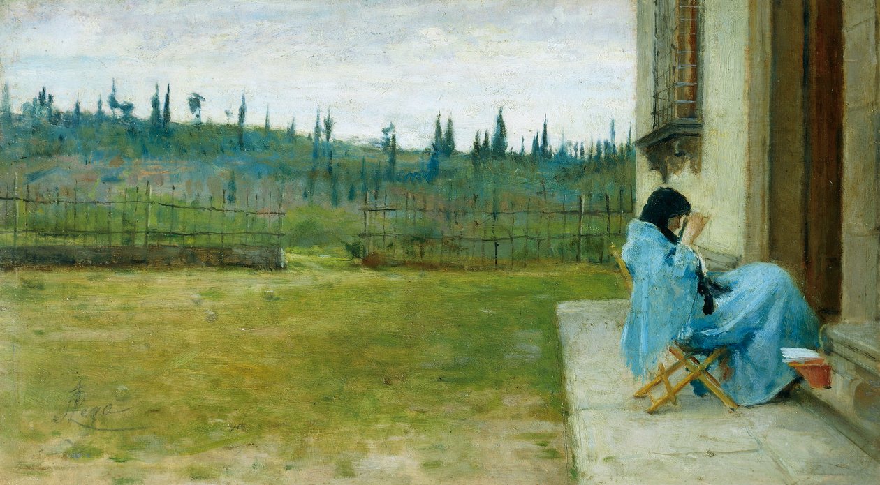 Dáma při práci, Silvestro Lega (1826-1895), olej na plátně, 22x40 cm od Silvestro Lega