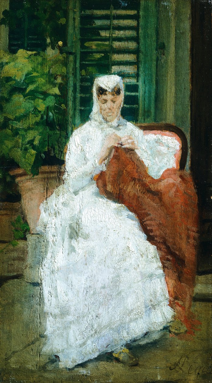 Dámské šití, Silvestro Lega (1826-1895), Olej na panelu, 27,5x15,5 cm od Silvestro Lega