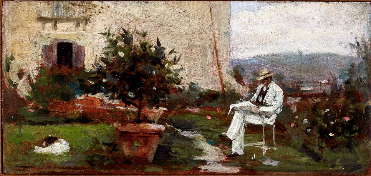 Luigi Tommasi ve své zahradě (Malba na dřevěné krabici od Silvestro Lega