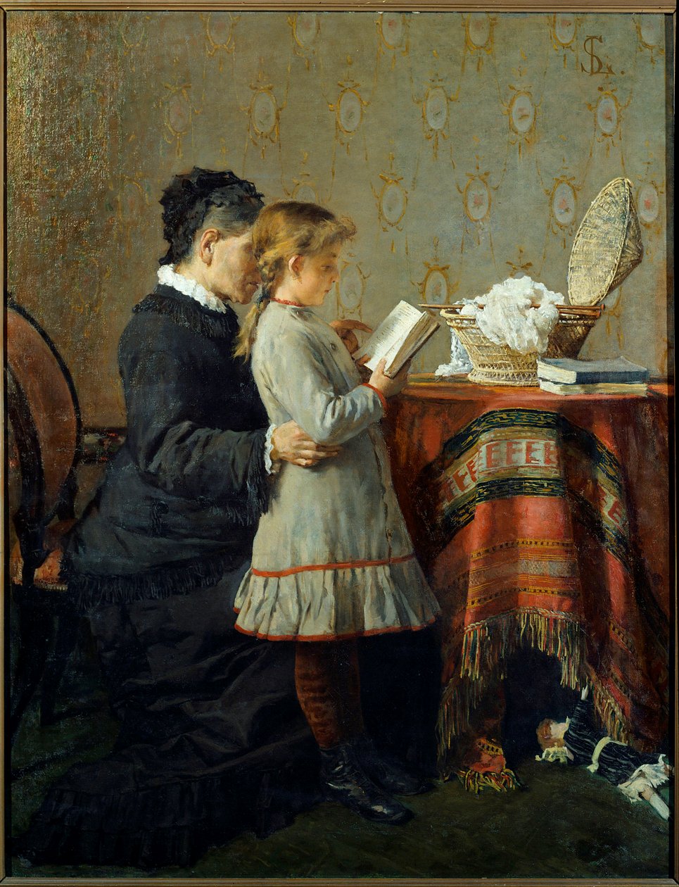 Lekce čtení. Zdravotní sestra se učí číst malou holčičku. Obraz Silvestra Lega (1826-1895) Ec. Ital od Silvestro Lega