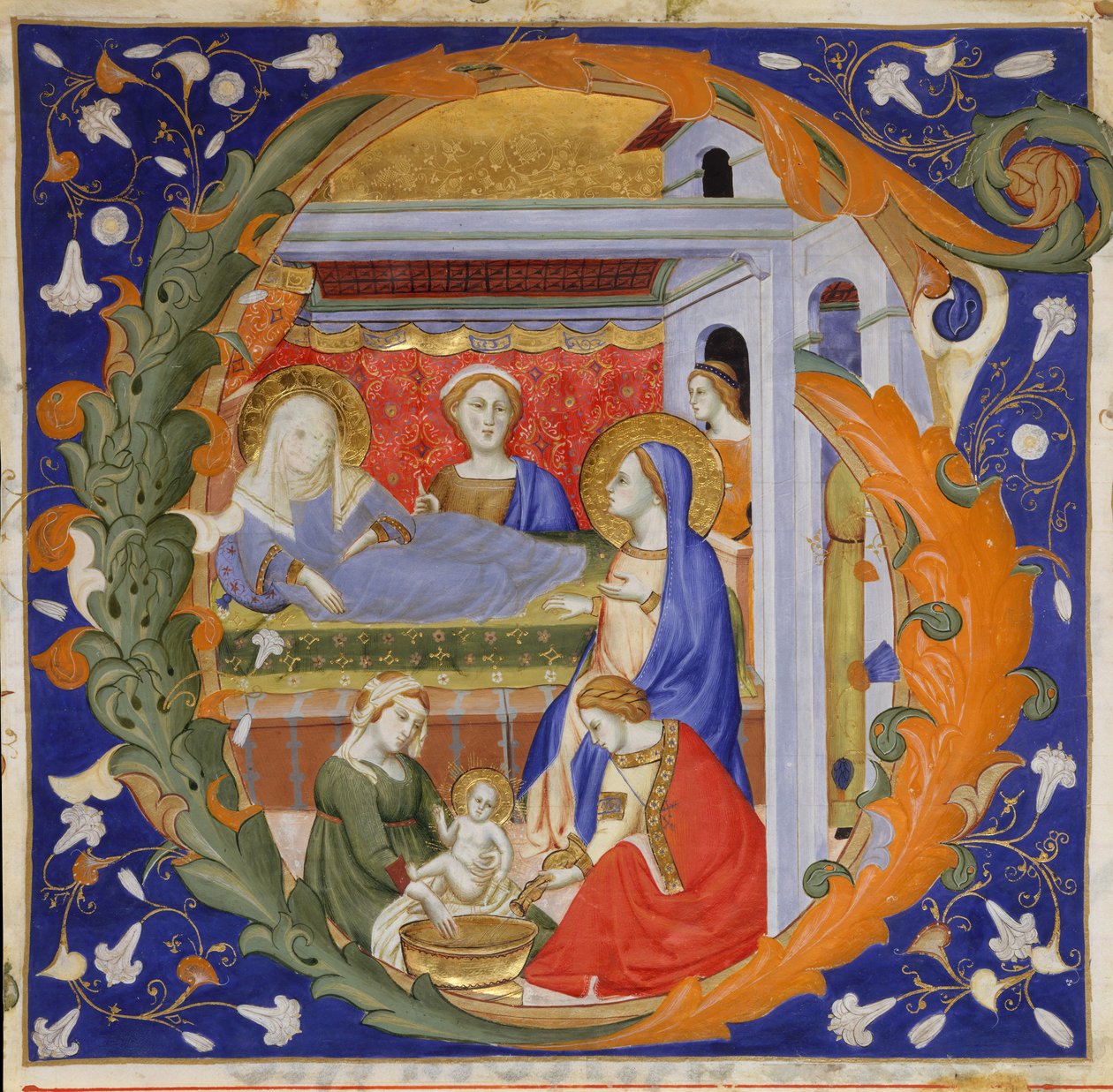 Iluminace rukopisu s Narozením Panny Marie v iniciále G, z graduálu, italštiny, ca. 1 od Silvestro dei Gherarducci