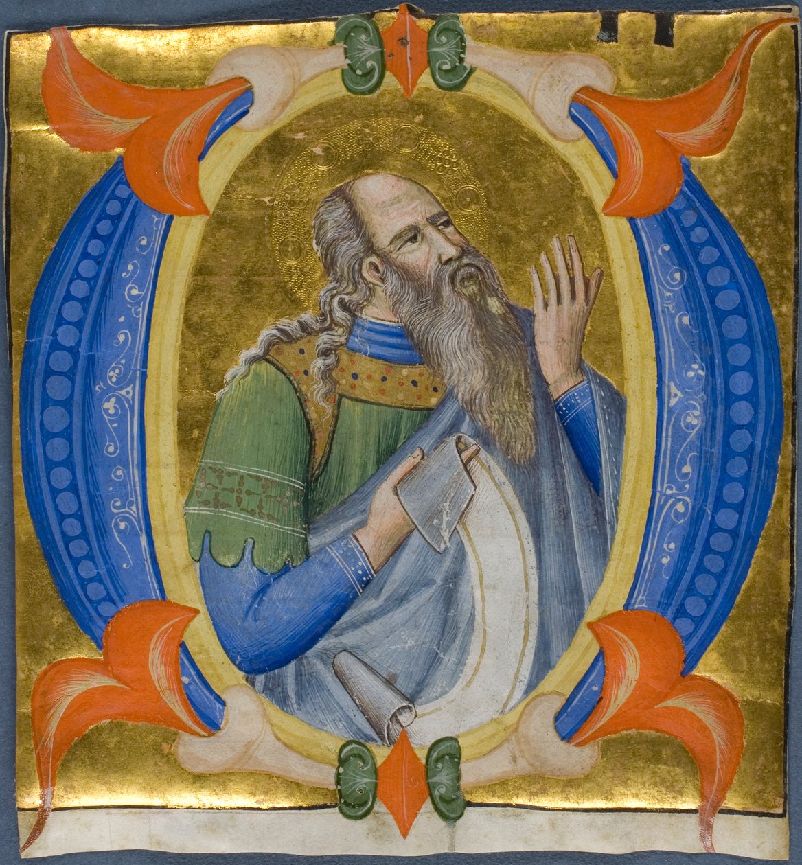Prorok v historizované iniciále "O" z graduálu od Silvestro dei Gherarducci