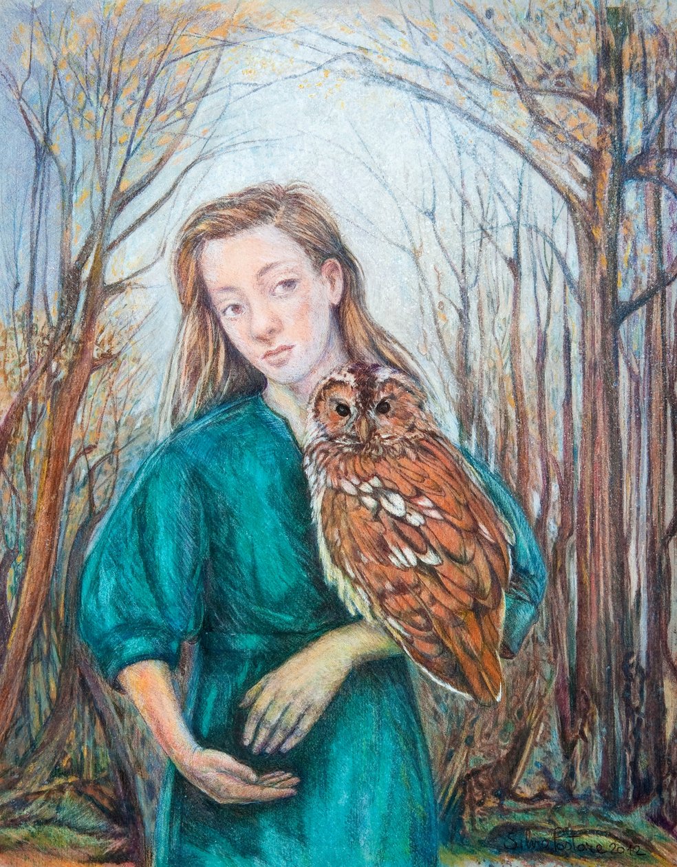 Dívka se sovou, 2012 (akvarel s pastelem) od Silvia Pastore