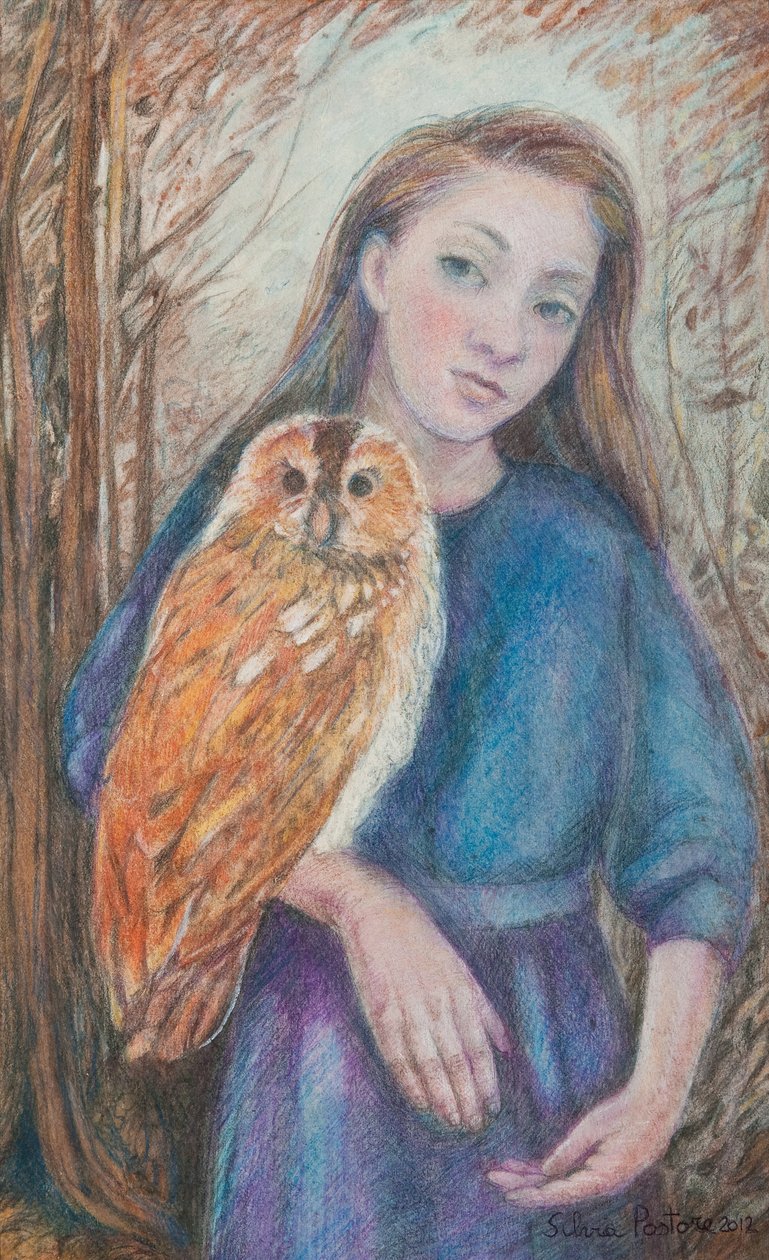 Dívka se sovou, 2012 (wc a pastel na papíře) od Silvia Pastore