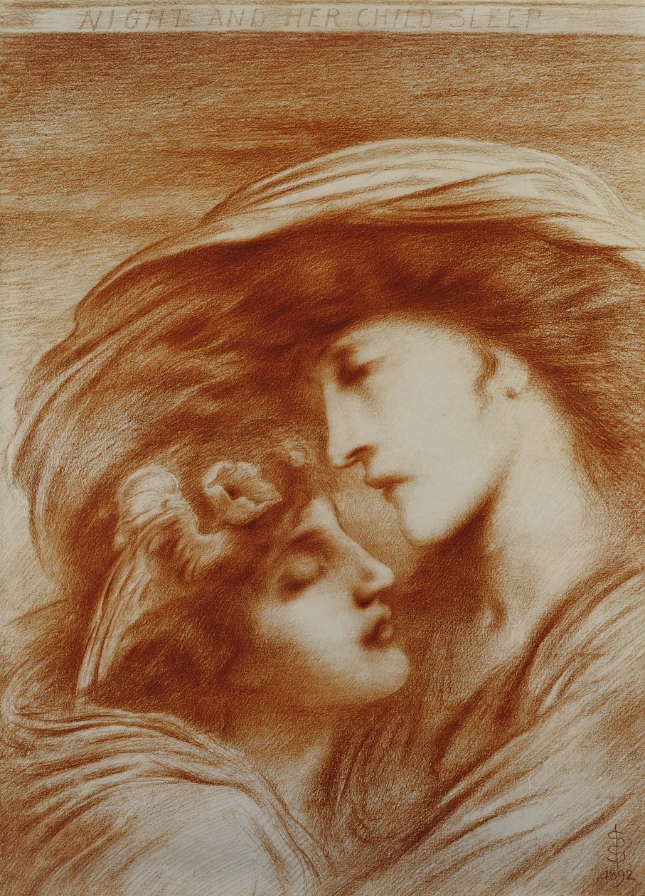 Noc a její dítě spí, 1892 (červená křída na papíře) od Simeon Solomon