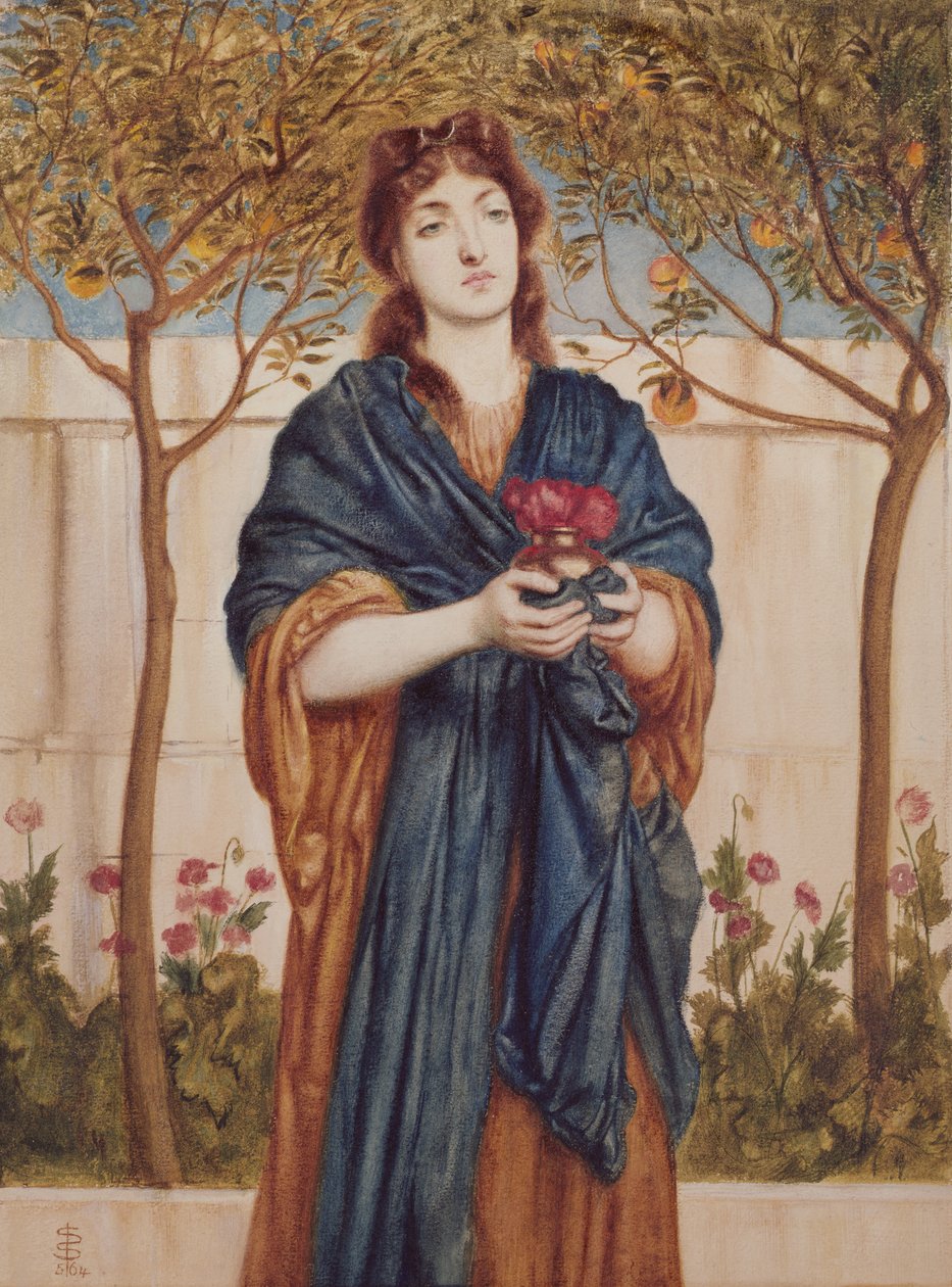 Kněžka nabízející vlčí máky, 1864 (wc zvýšené bílou na papíře) od Simeon Solomon