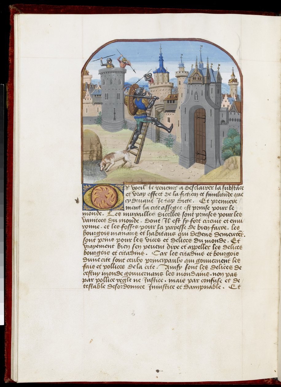 Ms.165 f.51v: Voják se štítem a mečem šplhající po žebříku, z Hesdinu nebo Valenciennes, kolem 1465-68 (pergamen) od Simon Marmion