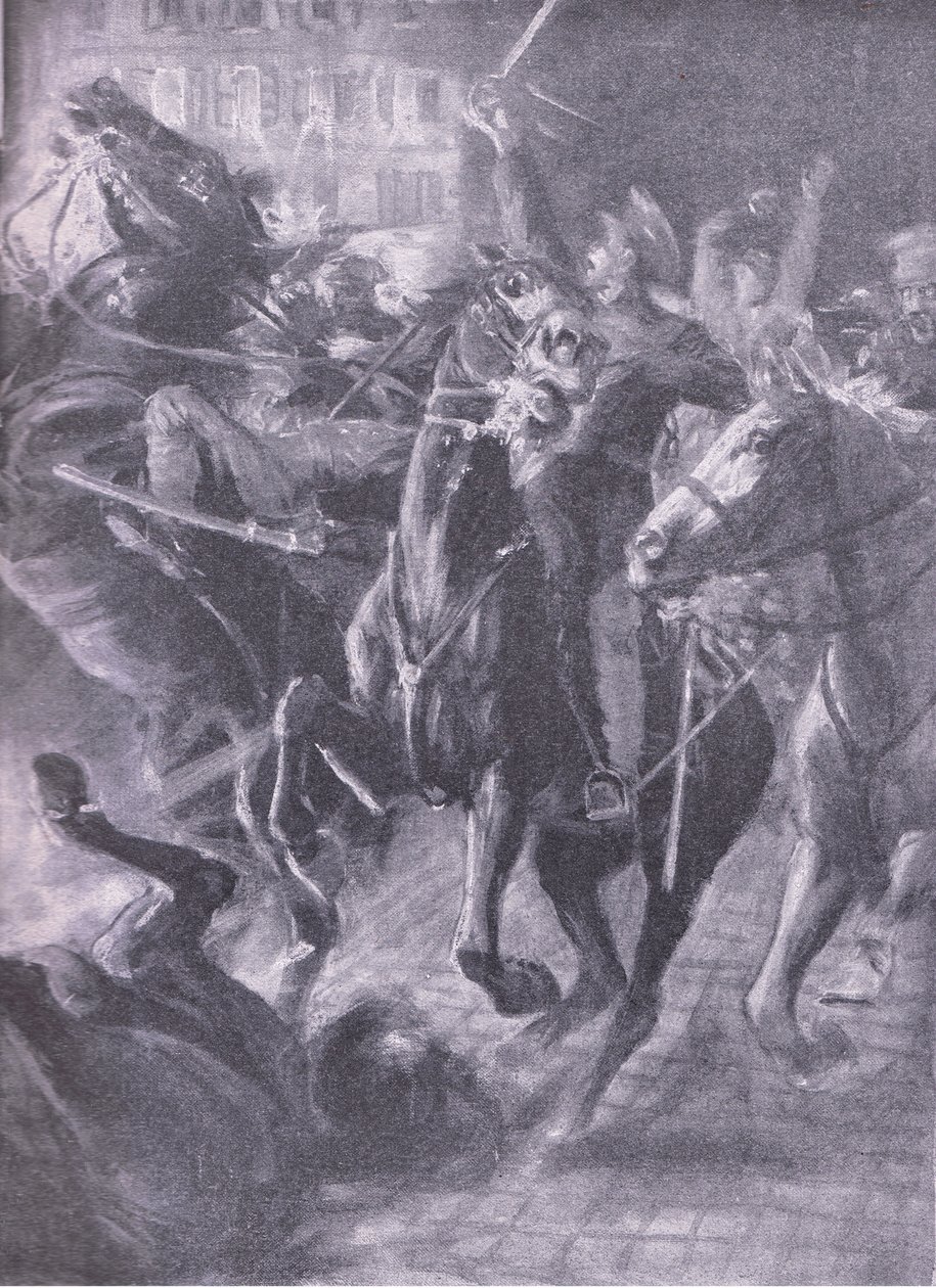 Noční útok britské kavalérie během rozsáhlého hnutí v říjnu 2014, z History of the Great War Vol 3 vydané nakladatelstvím Waverley Book Co Limited, kolem roku 1920 od Simon Harmon Vedder