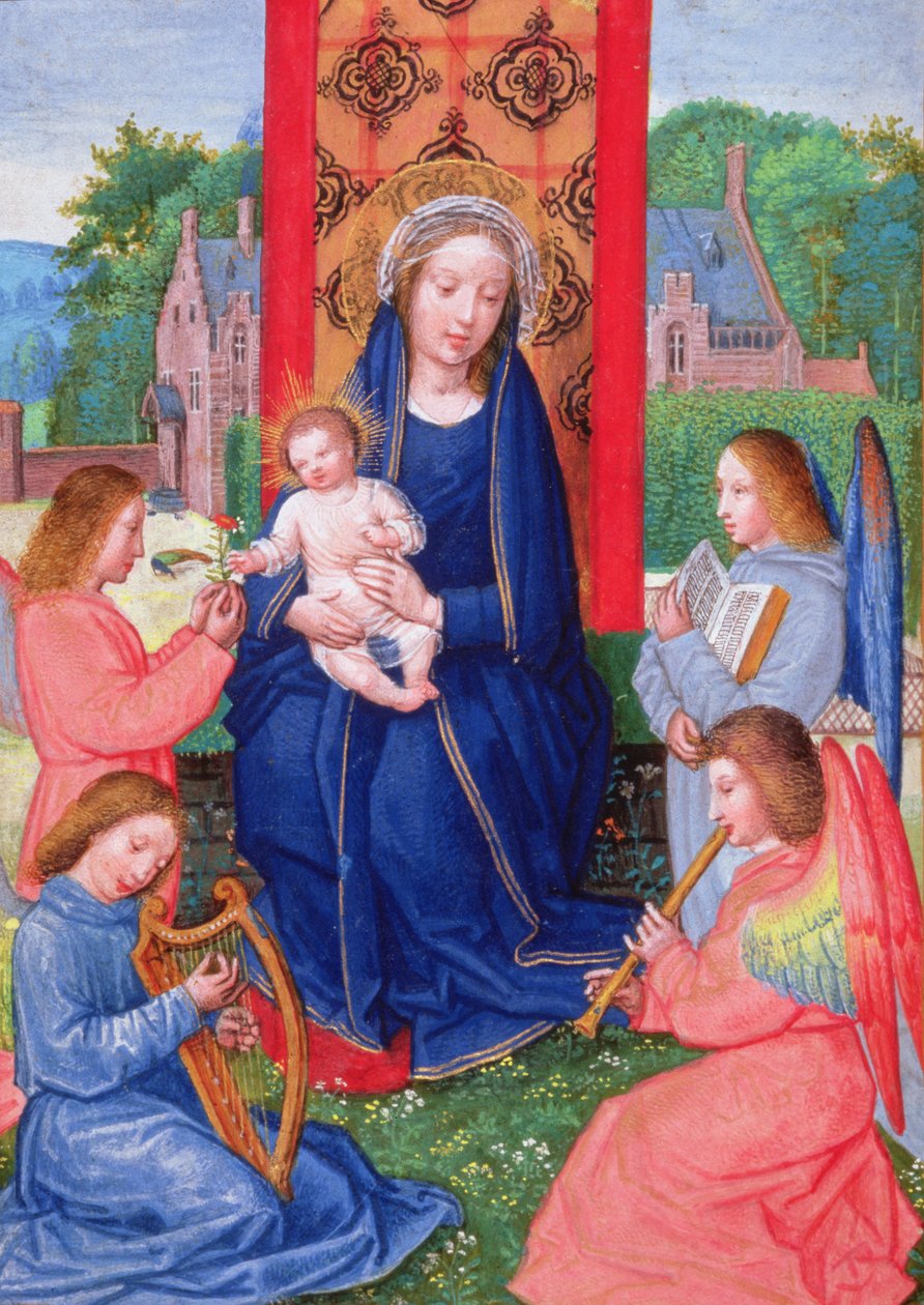 Např. 2125 f.157v Madona s dítětem s anděly hrajícími na nástroje, z Hodin Joanny z Ghistelles, kolem 1516 (vellum) od Simon (attr. to) Bening
