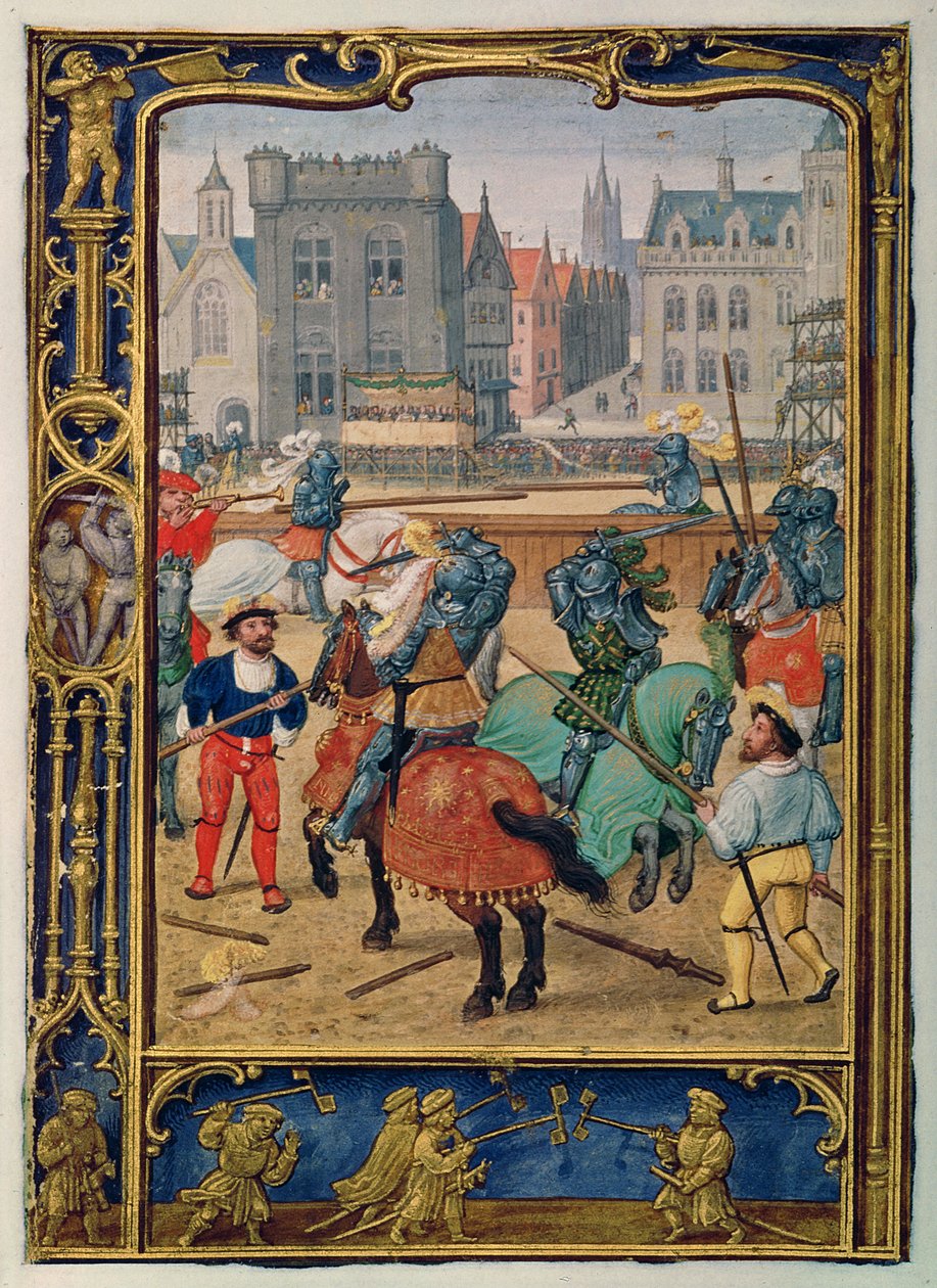 Přidat 24098 f.23v June: Rytíř a hra s hobby koňmi, z Knihy hodin nebo Golfové knihy, c.1520-30 (vellum) od Simon (workshop of) Bening
