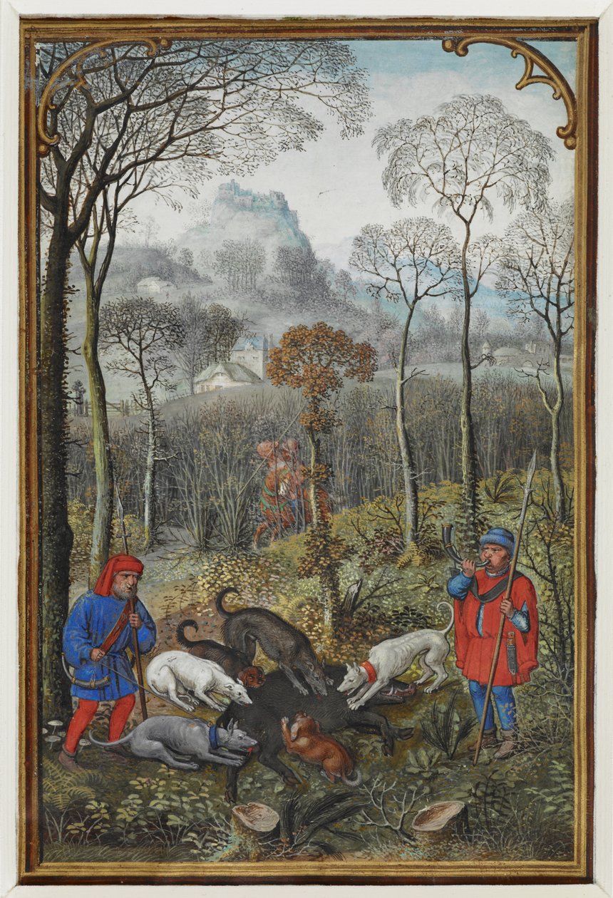 Přidat miniaturu kalendáře MS 18855 f.108v na prosinec zobrazující pergamen na lov kance) od Simon Bening