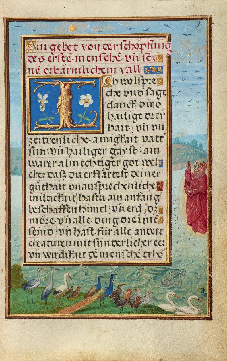 Bordüre mit der Erschaffung von Vögeln und Fischen od Simon Bening