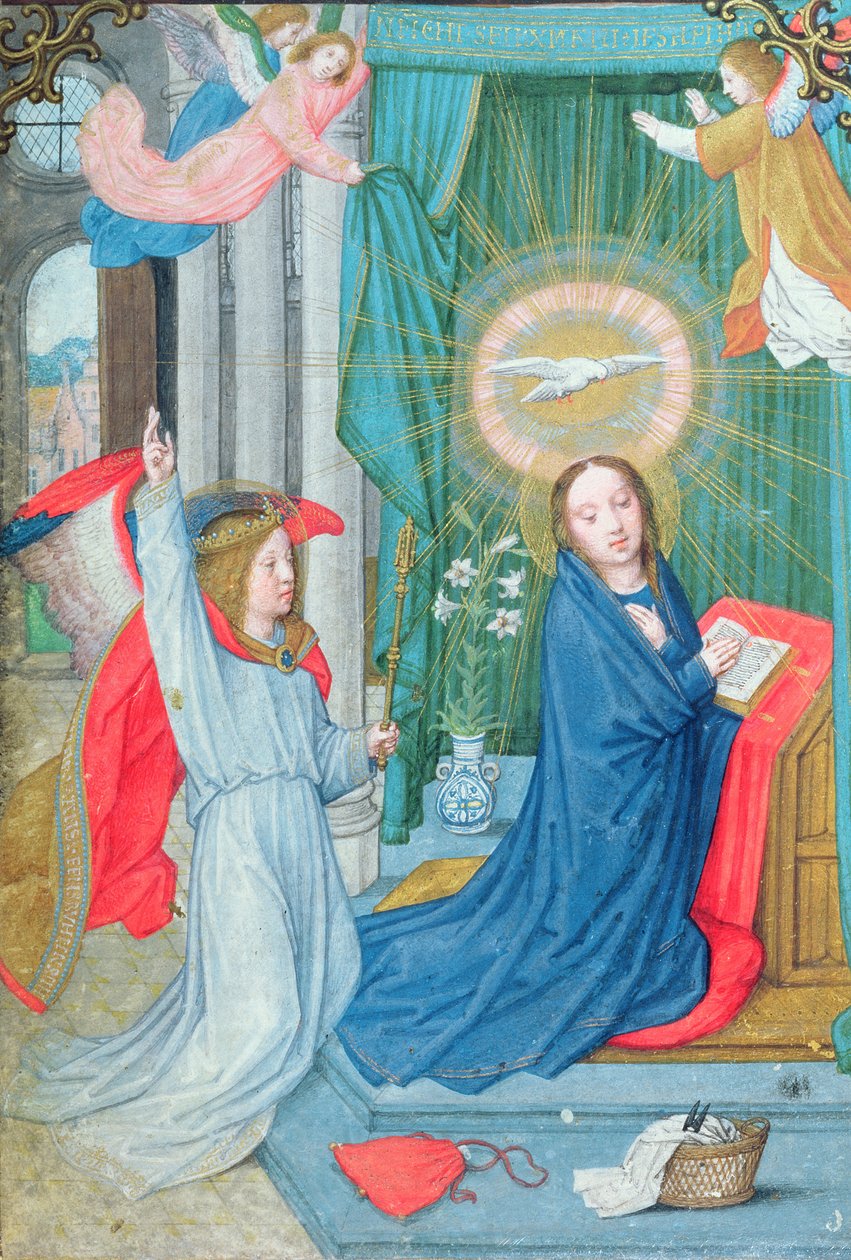 Zvěstování, miniatura z Norfolk Book of Hours od Simon Bening