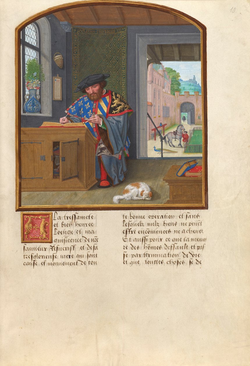 Král zbraní Řádu zlatého rouna Psaní o Jacquesu de Lalaing, kolem 1530-40 (tempera, plátkové zlato a inkoust na pergamenu) od Simon Bening
