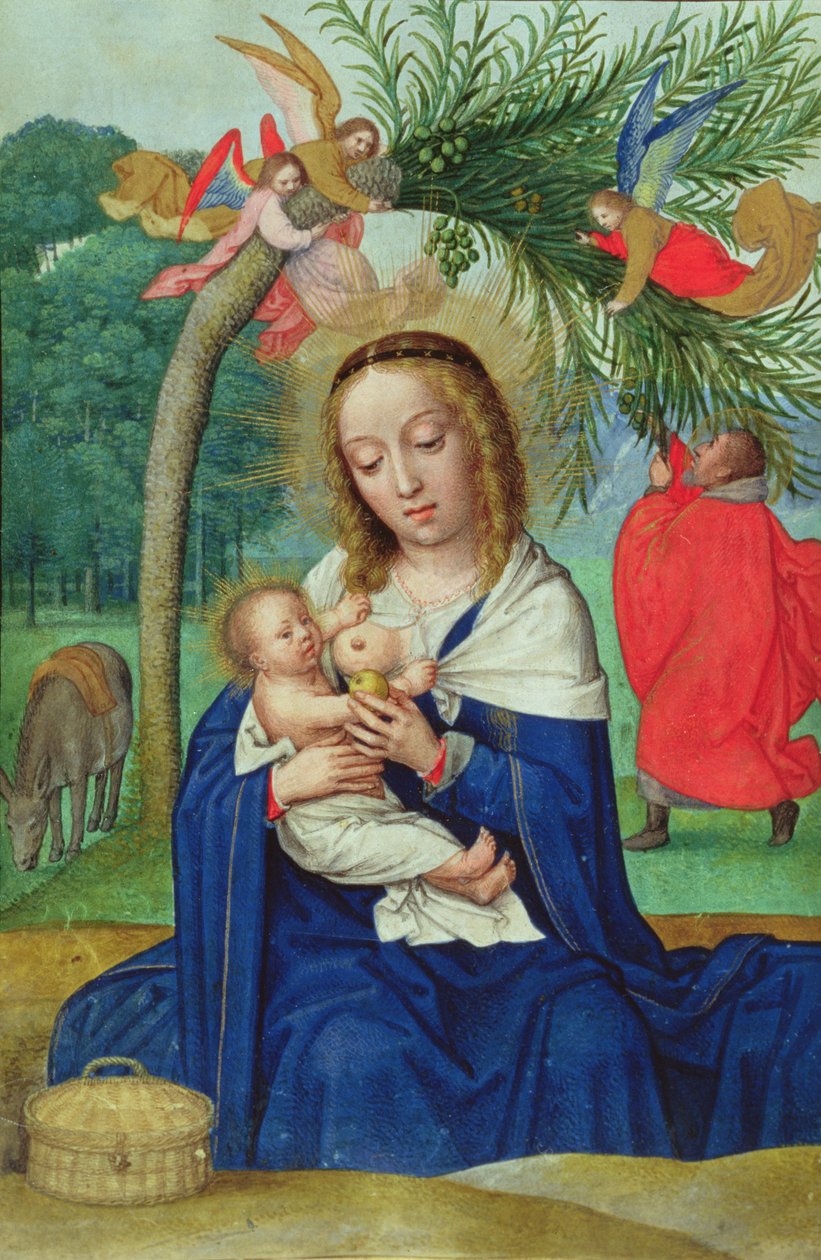Zbytek na útěku do Egypta, miniatura z Norfolk Book of Hours (vellum) od Simon Bening