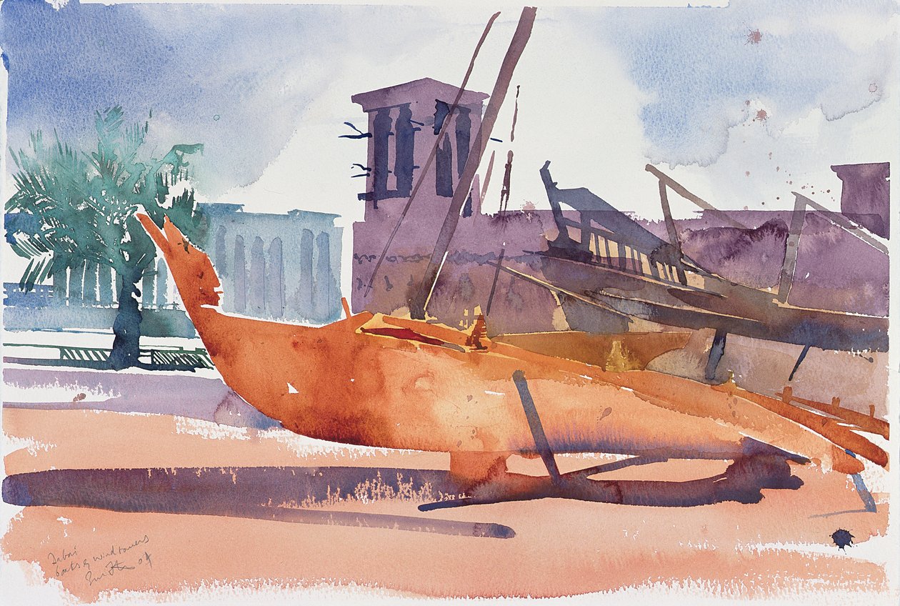 Dubaj, Lodě a větrné věže, 2004 (akvarel na papíře) od Simon Fletcher