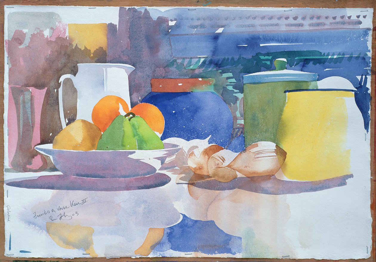 Fruits et Vase Bleu II, 2003 (akvarel na papíře) od Simon Fletcher