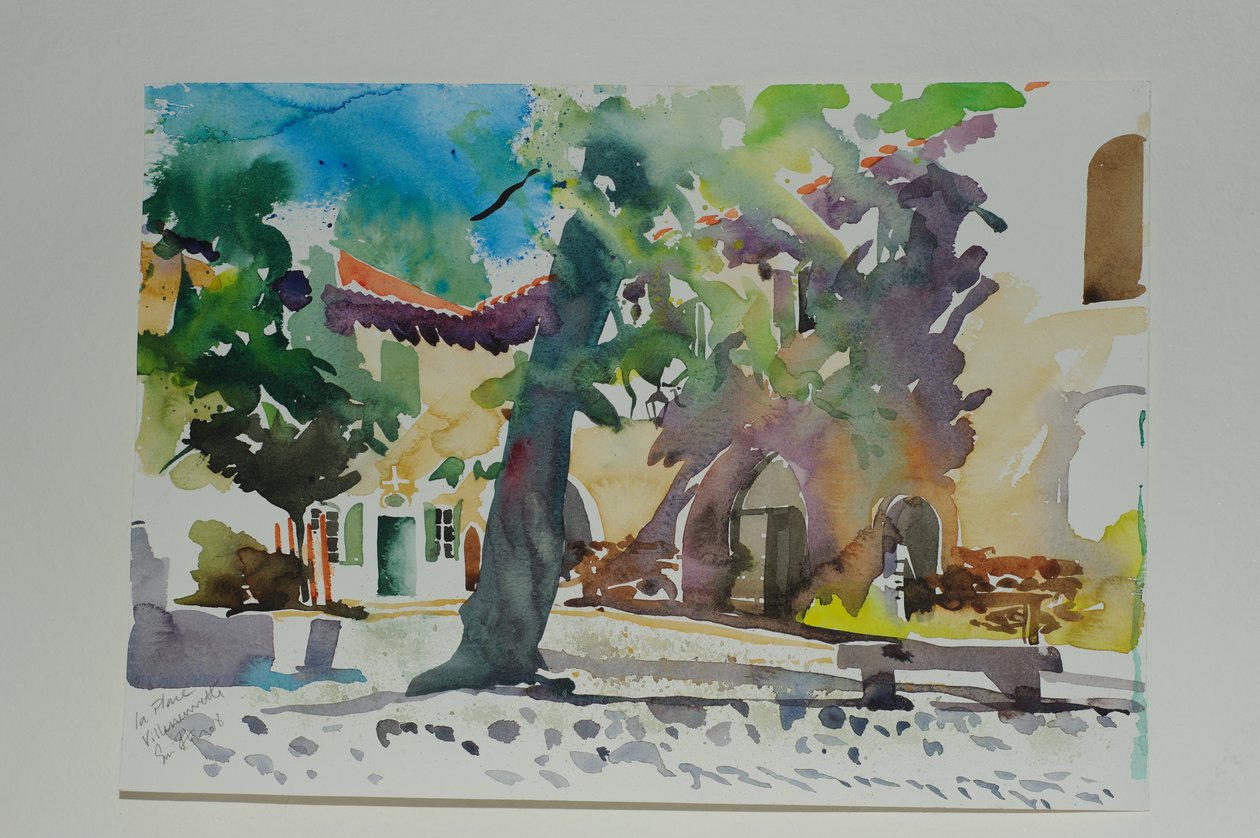 La Place, Villeneuvette, 2009 (akvarel na papíře) od Simon Fletcher