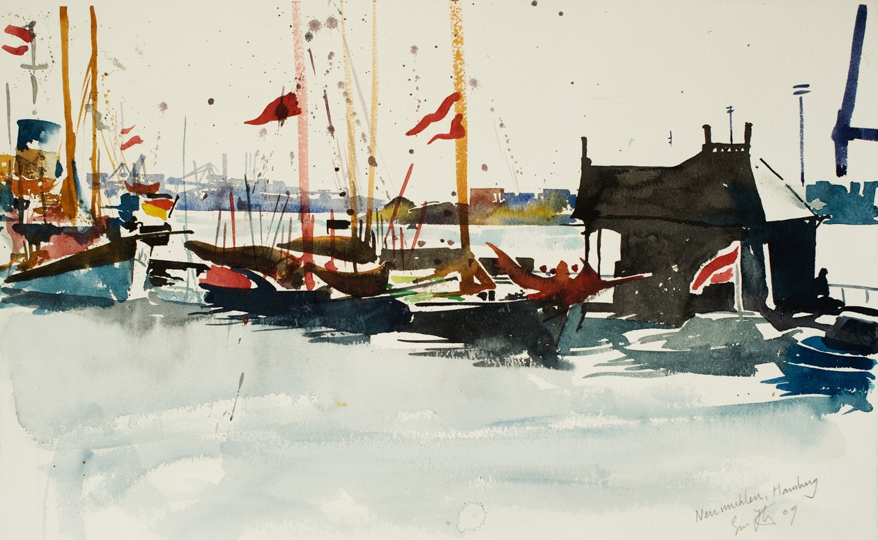 Neumuhlen, Hamburk, 2009 (akvarel) od Simon Fletcher