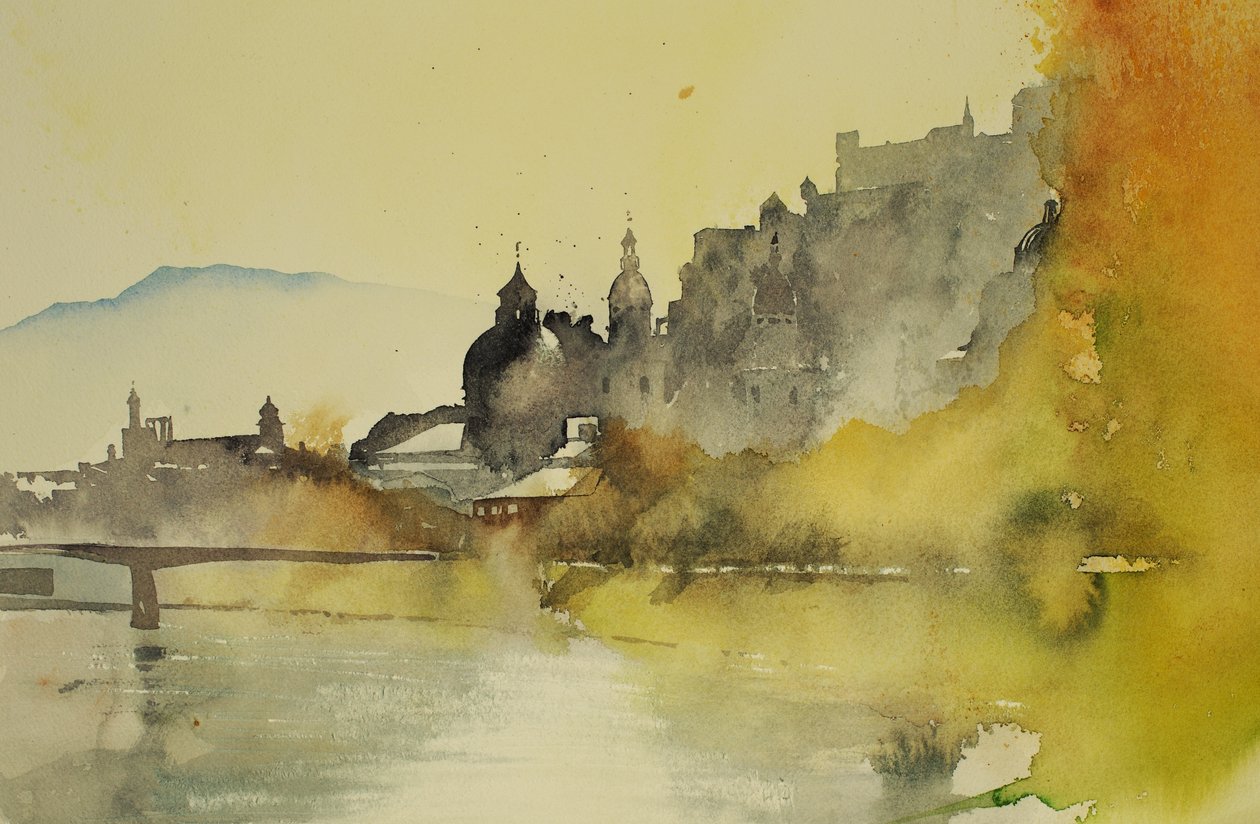 Řeka Salzburg, 2005 (akvarel) od Simon Fletcher