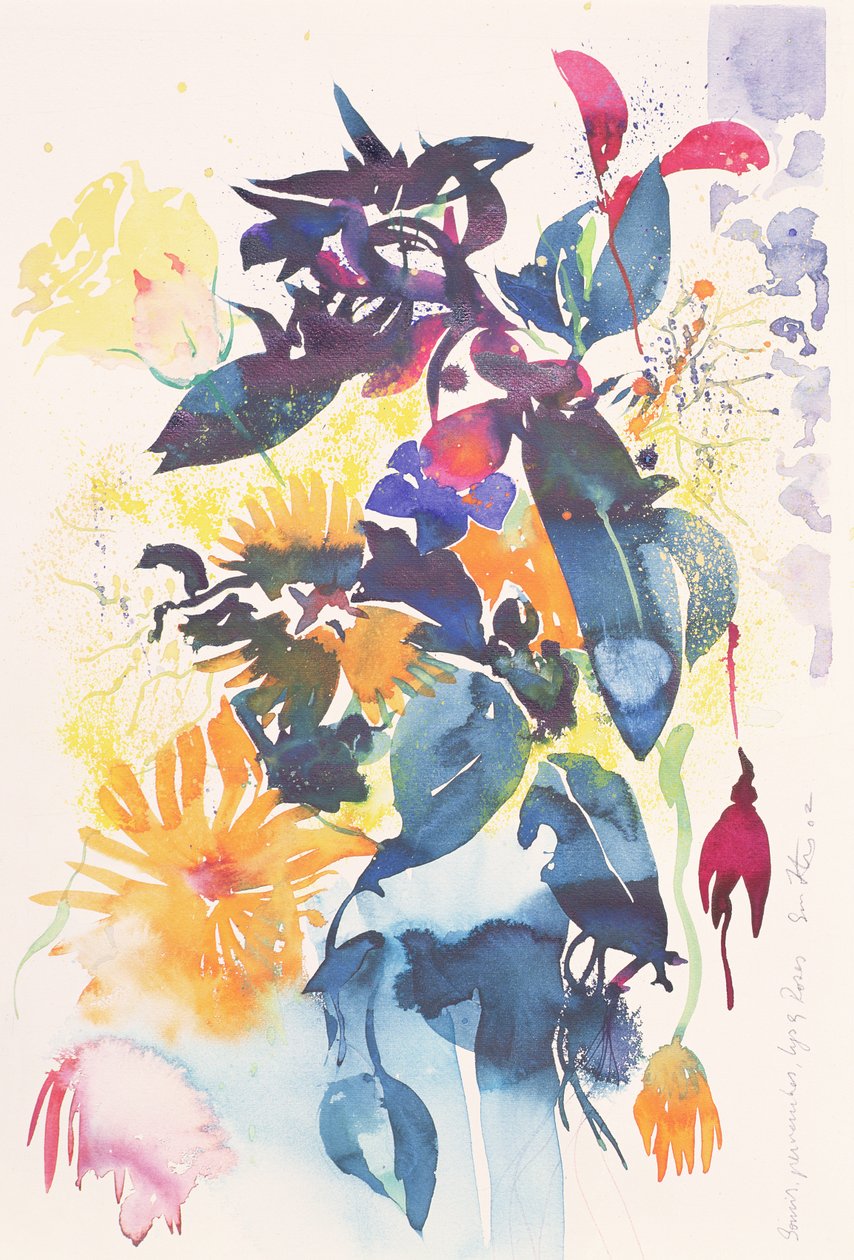 Měsíček, periwinkle, lilie, růže, 2002 (akvarel) od Simon Fletcher