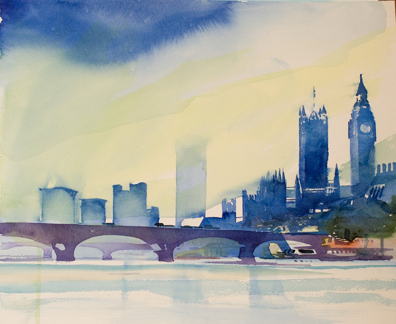 Westminster z lávky, 2016 (akvarel) od Simon Fletcher