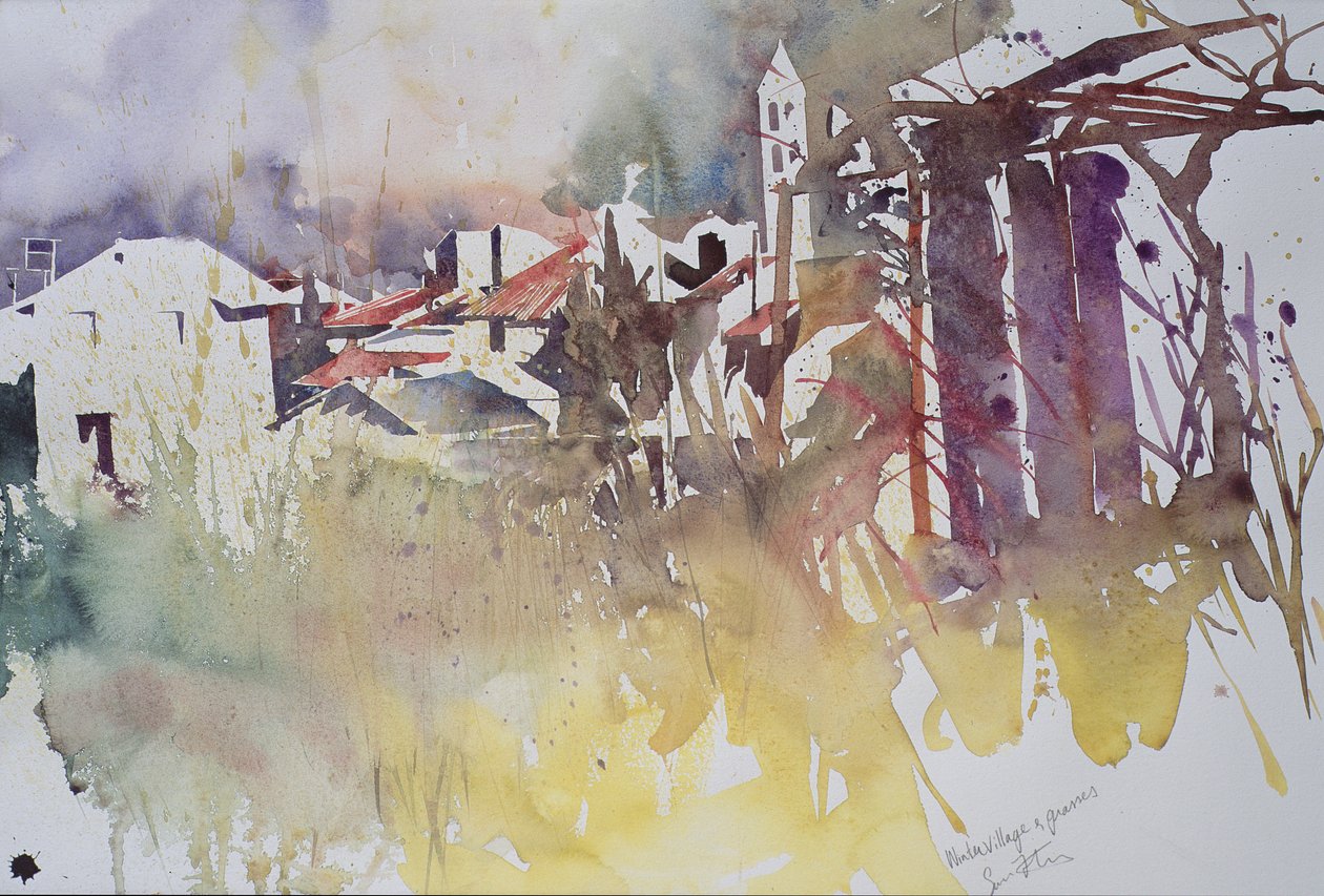 Zimní vesnice a trávy, Francie, 2008 (akvarel) od Simon Fletcher