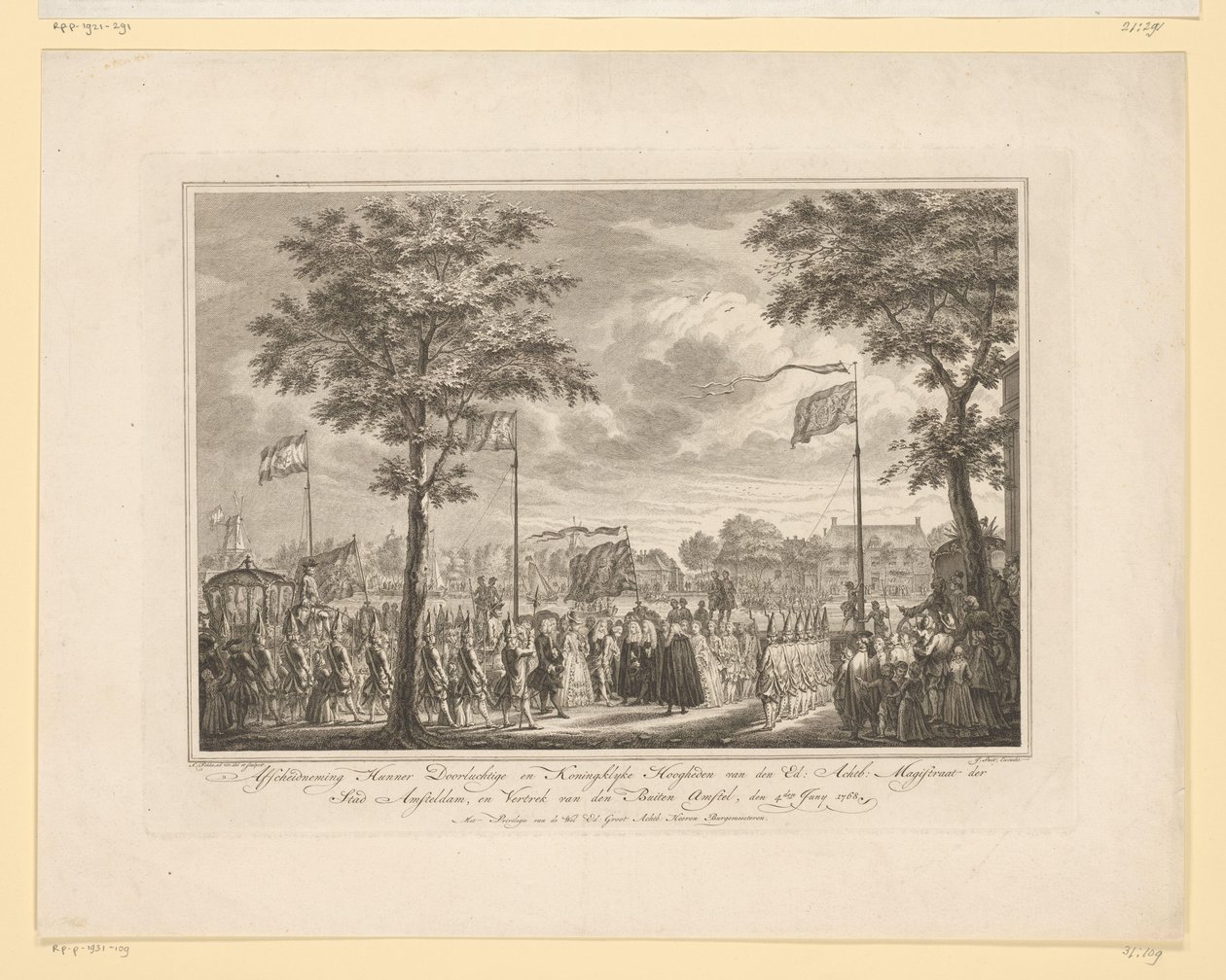 Rozloučení s Willem V a jeho manželkou na Buiten Amstel, 1768 Sbohem jejich klidné a královské výsosti den Ed: Achtb: Magistrát města Amsteldam a odjezd den Buiten Amstel, 4. června 1768 (název na předmětu) obraz od Simon Fokke