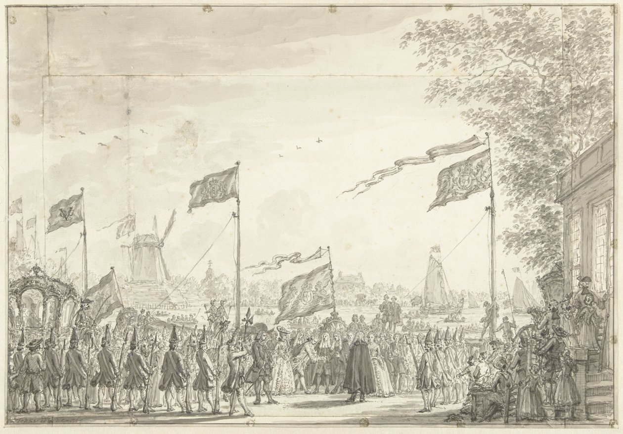 Rozloučení s Willem V a jeho manželkou na Buitenamstel, 1768 od Simon Fokke