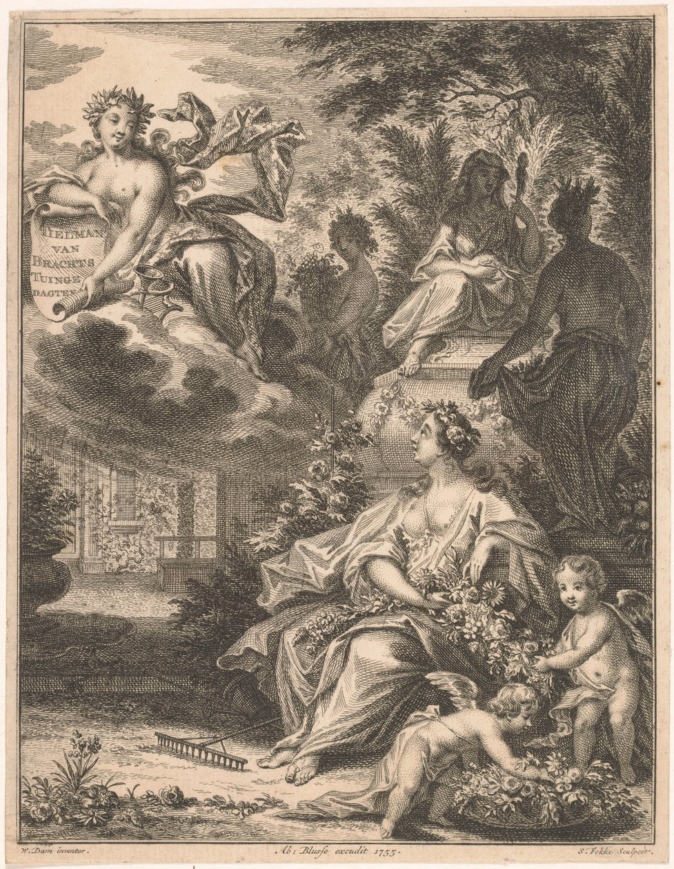 Flora v zahradě Titulní strana pro: Tielman van Bracht, Tuingedagten. V šesti kurzech, 1754 od Simon Fokke