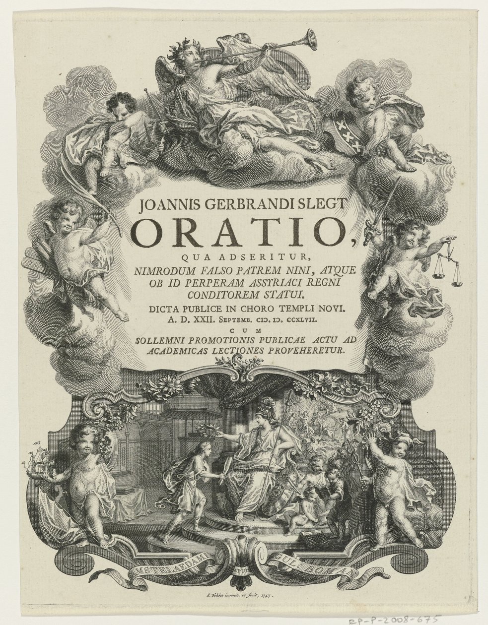 Minerva lauwert een jongeman met bul Název stránky: J.G. Slegt, Orace, ve které se tvrdí, že Nimrod je falešně otcem Niny (...), 1747 od Simon Fokke