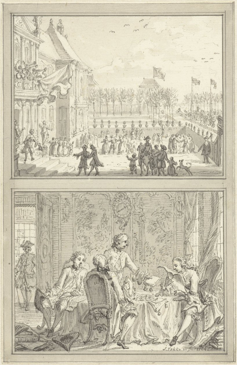 Palác Honselaarsdijk mění majitele / Prodej pruských panství Anně van Hannover, 1754 od Simon Fokke