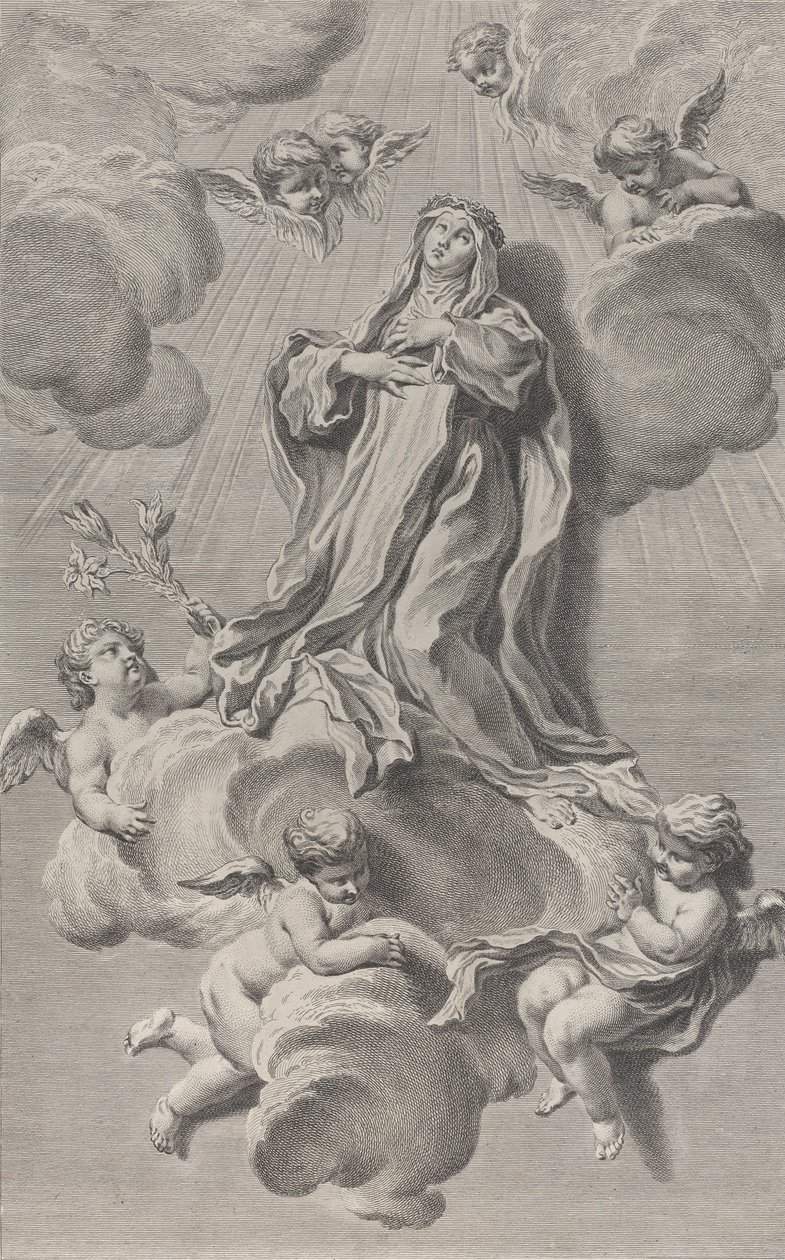 Extáze svaté Kateřiny Sienské, klečící na oblaku neseném anděly, jeden z ..., 1729-40. od Simon Francois Ravenet