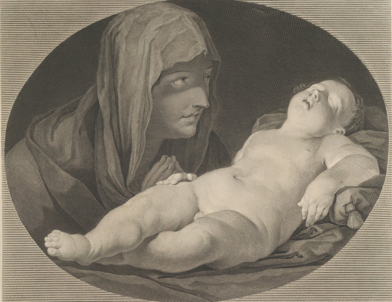Panna v modlitbě, při pohledu na spícího nemluvněte Krista, v oválném rámu, po Reni,..., 1765. od Simon Francois Ravenet