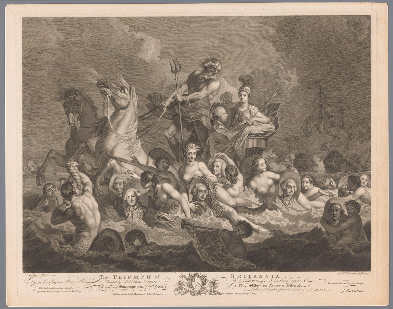 Alegorie britského námořnictva a vítězství nad francouzskou flotilou Triumph of Britannia (název na objektu) od Simon François Ravenet (le vieux)