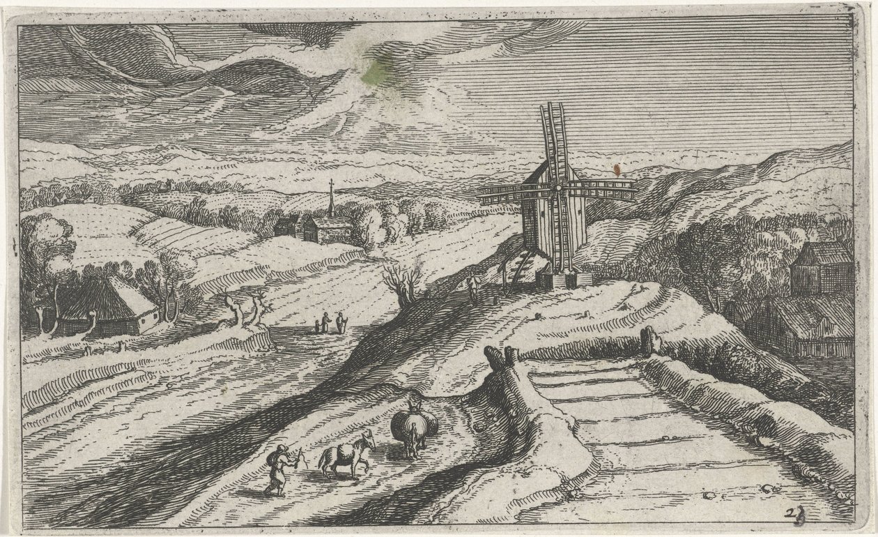Kopcovitá krajina s větrným mlýnem Různé krajiny (název série) Topographia variarum regionum (název série) od Simon Frisius (attributed to)