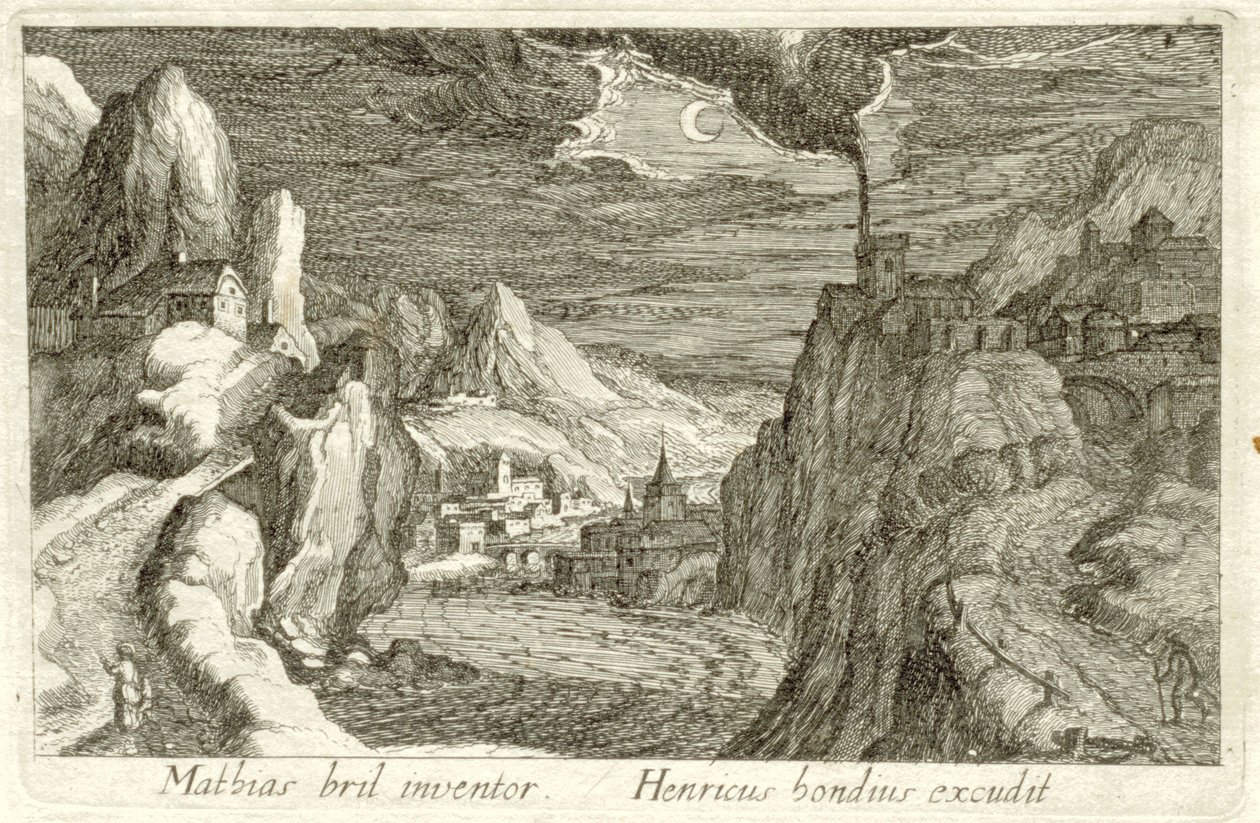 Říční krajina v měsíčním světle Různé krajiny (název série) Topographia variarum regionum (název série) od Simon Frisius (attributed to)