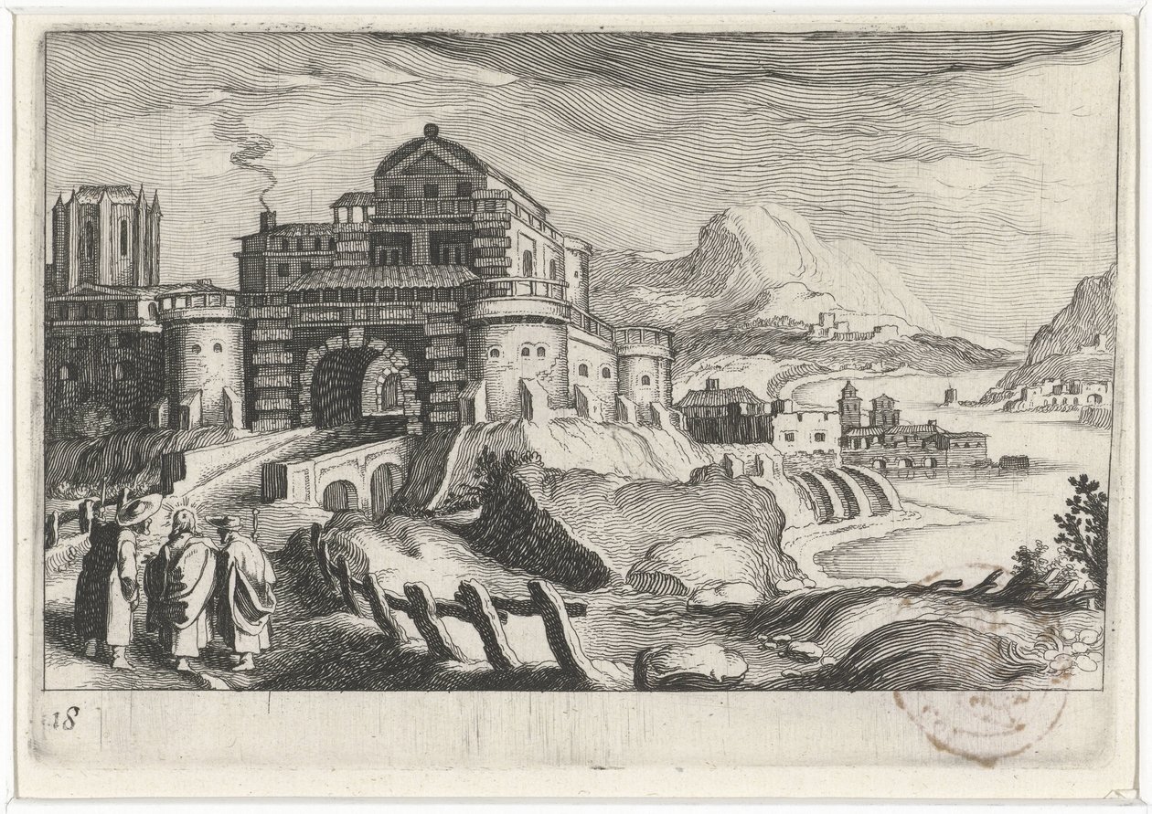 Emmäusové před městskou bránou v horské krajině Jihoevropské krajiny (název série) Topographia variarum regionum (název série) od Simon Frisius